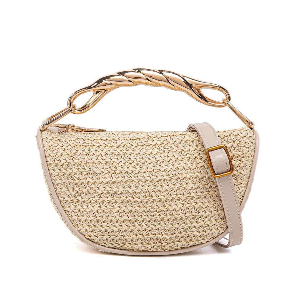 Neutral Straw Crossbody Bag with Gold Accent Handle